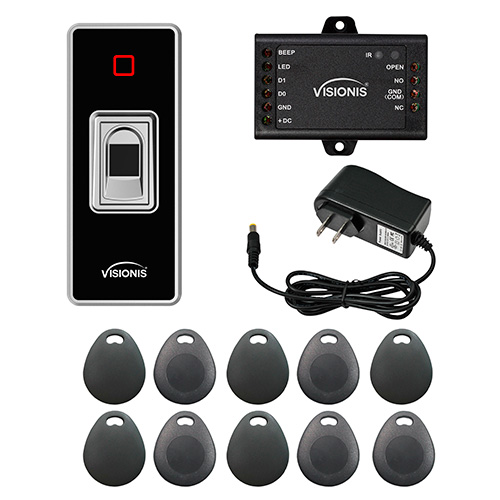 FPC-7756 VIS-3024 Indoor + Outdoor Rated IP68 Metal Access Control Standalone Biometric Fingerprint + Reader + Wiegand 200 Fingerprints, 500 EM Cards, with Power Supply, Pack of 10 Proximity KeyTags