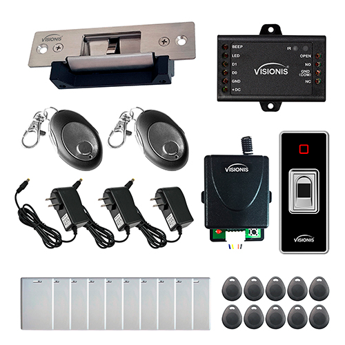 FPC-7786 One Door Access Control Electric Strike Fail Safe and Fail Secure Adjustable 2,200lbs, VIS-3024 Indoor + Outdoor Fingerprint Biometric, Reader, Wiegand, Standalone, Wireless Receiver Kit