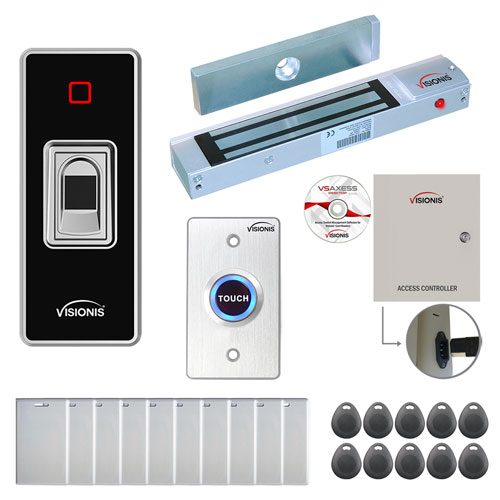 FPC-7789 1 Door Access Control Electromagnetic Lock for Out Swing Door 300lbs TCP/IP Wiegand Controller Box + Power Supply, Indoor + Outdoor Fingerprint/Card Reader, Software Included 10,000 User Kit