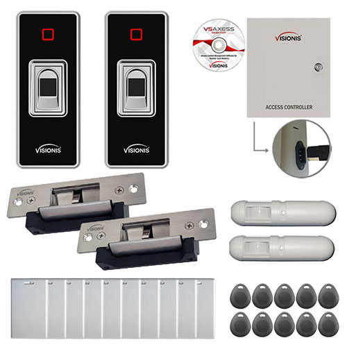 FPC-7834 Two Doors Access Control Electric Strike Fail Safe and Fail Secure, Time Attendance TCP/IP Wiegand Controller Box, Indoor + Outdoor Fingerprint/Card Reader, Software, 10000 User, with PIR Kit