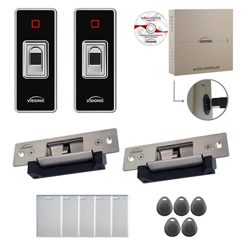 FPC-7872 Two Doors Professional Access Control Electric Strike Fail Safe Fail Secure TCP/IP Wiegand Controller Box, Power Supply, Indoor + Outdoor Fingerprint/Card Reader, Software, 100,000 User Kit