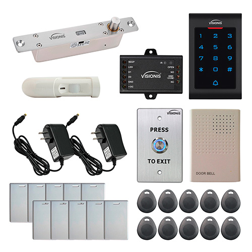 Visionis FPC-5553 One Door Access Control 2,200lbs Electric Drop Bolt Fail Secure Time Delay with VIS-3002 Indoor use only Keypad / Reader Standalone No Software EM Card Compatible 500 Users and PIR Kit