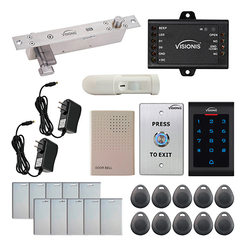 Visionis FPC-5554 One Door Access Control 2,200lbs Electric Drop Bolt Fail Secure Time Delay Key Cylinder with VIS-3002 Indoor use only Keypad / Reader Standalone No Software EM Card Compatible 500 Users and PIR Kit