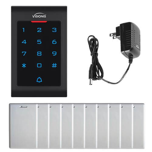 FPC-5672 Visionis VIS-3002 Access Control Indoor Only Plastic Housing Keypad Reader Stand Alone No Software 125KHZ EM Card Compatible 500 Users With Door Bell With Power Supply Included and a Pack of 10 Proximity cards