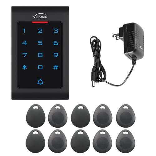 FPC-5674 Visionis VIS-3002 Access Control Indoor Only Plastic Housing Keypad Reader Stand Alone No Software 125KHZ EM Card Compatible 500 Users With DoorBell and a pack of 10 Key Fobs with Power Supply Included