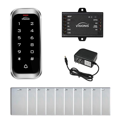FPC-5678 Visionis VIS-3003 Access Control Weather Proof Metal Housing Anti Vandal Anti Rust Digital Touch Keypad Reader Standalone No Software 125KHZ EM cards Compatible With Door Bell Slim Version With Power Supply Included and pack of 10 Proximity card