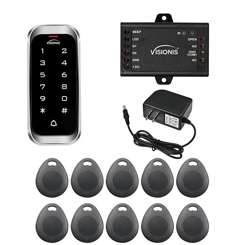 FPC-5680 Visionis VIS-3003 Access Control Weather Proof Metal Housing Anti Vandal Anti Rust Digital Touch Keypad Reader Standalone No Software 125KHZ EM cards Compatible 2000 Users With Door Bell Slim Version, 10 pack of Key Tags and Power Supply Included