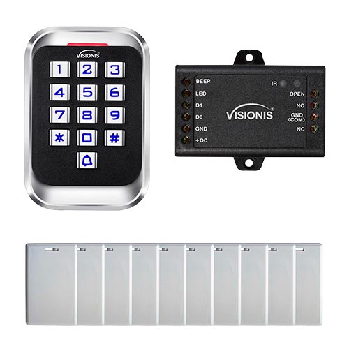 FPC-5681 Visionis VIS-3004 Access Control Weather Proof Metal Housing Anti Vandal Anti Rust Metal Touch Keypad Reader Standalone No Software 125KHZ EM cards Compatible 2000 USers with DoorBell and a pack of 10 Proximity cards