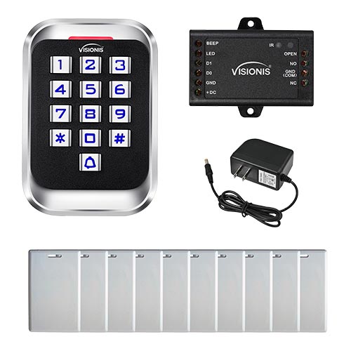 FPC-5683 Visionis VIS-3004 Access Control Weather Proof Metal Housing Anti Vandal Anti Rust Metal Touch Keypad Reader Standalone No Software 125KHZ EM cards Compatible 2000 USers with DoorBell With Power Supply Included and a pack of 10 Proximity Cards
