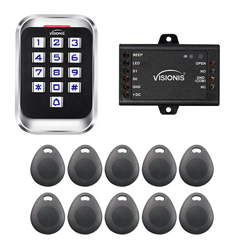 FPC-5684 Visionis VIS-3004 Access Control Weather Proof Metal Housing Anti Vandal Anti Rust Metal Touch Keypad Reader Standalone No Software 125KHZ EM cards Compatible 2000 USers with Door Bell and a pack of 10 Key Fobs