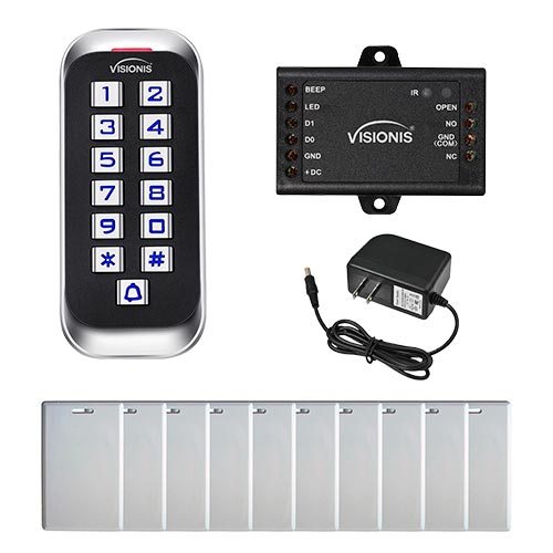 FPC-5688 Visionis VIS-3005 Access Control Weather Proof Metal Housing Anti Vandal Anti Rust Metal Touch Keypad Reader Standalone No Software 125KHZ EM Cards Compatible With Door Bell Slim Version With Power Supply Included and a pack of 10 Proximity Cards