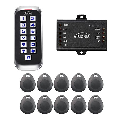 FPC-5689 Visionis VIS-3005 Access Control Weather Proof Metal Housing Anti Vandal Anti Rust Metal Touch Keypad Reader Standalone No Software 125KHZ EM Cards Compatible 2000 Users With Door Bell Slim Version With a pack of 10 Key Tags