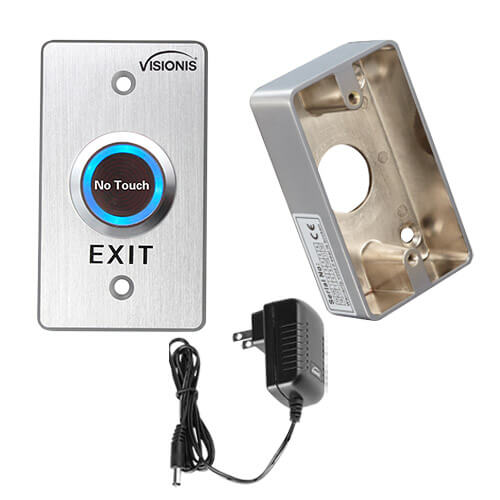 Visionis FPC-6323 Stainless Steel No touch Infrared Request to Exit Button with Time Delay Mid Size with Power Supply and Mortise Zinc Alloy Back Box