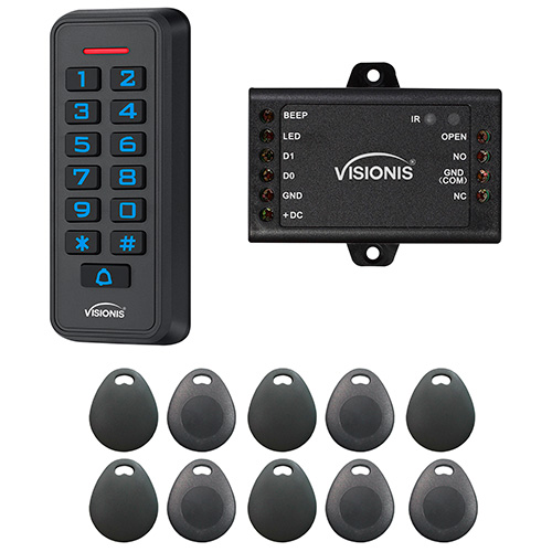 FPC-6424 Visionis VIS-3008 Access Control Black Outdoor IP66 Weatherproof Card Reader/Keypad Standalone No Software Wiegand 26-37 Bits 125KHz EM Cards 1,000 Users with a 10 Pack of Proximity Key Tags