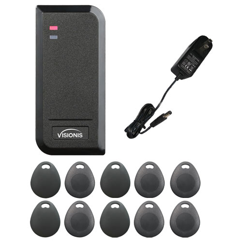 FPC-6435 VIS-3100 Access Control Black Outdoor IP66 Card Reader Only Compatible with Wiegand 26 Bit with Power Supply and a Pack of 10 Proximity Key Tags Included