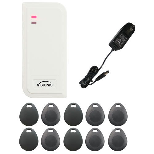 FPC-6440 VIS-3101 Access Control White Outdoor IP66 Card Reader Only Compatible with Wiegand 26 Bit with Power Supply and a Pack of 10 Proximity Key Tags Included